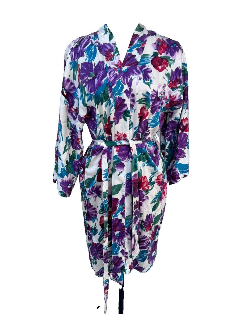 Victorias Secret 100% Silk Robe White Purple Pink One Sz Fits Xs S M L Xl